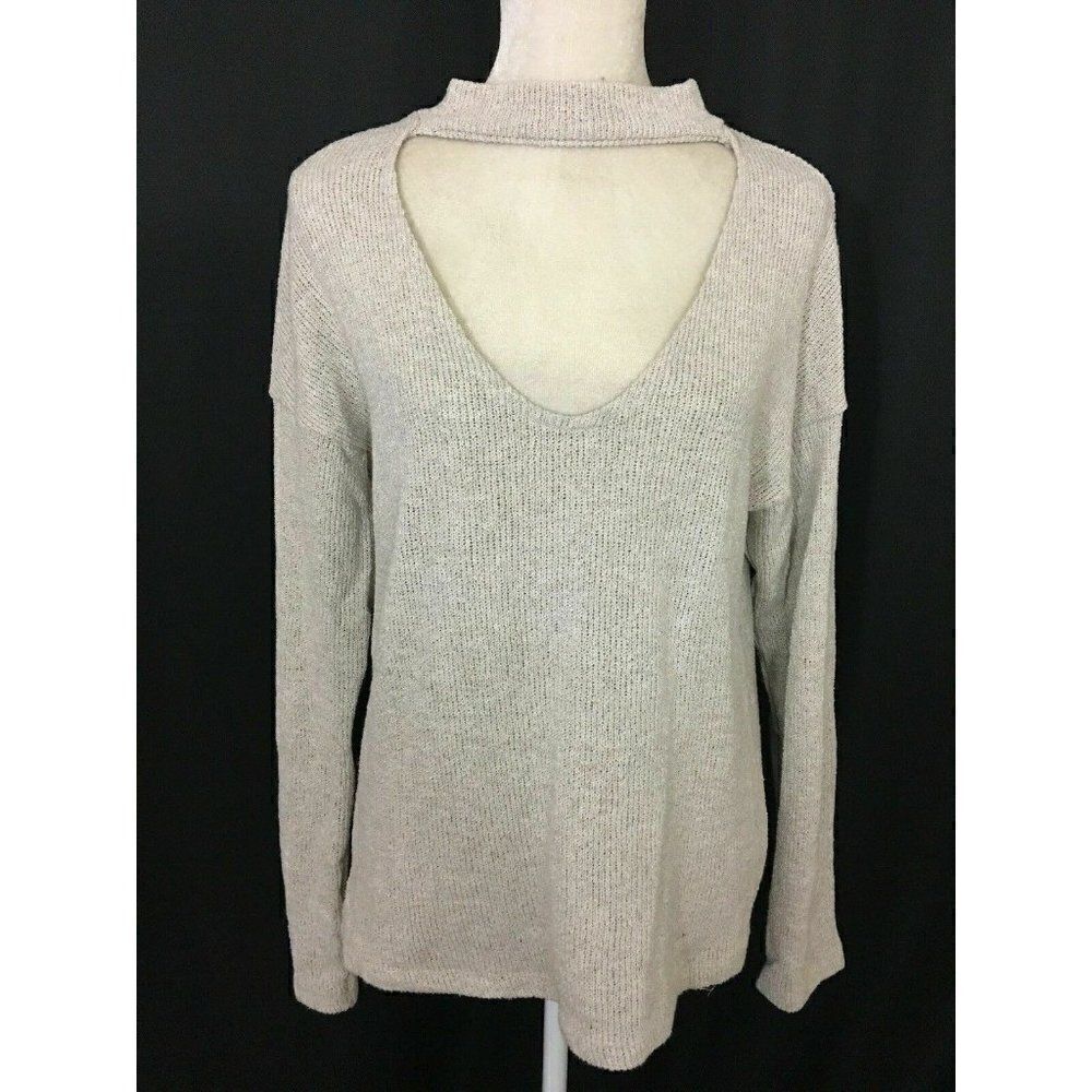 Zara Womens Solid Light Gray Beige Long Sleeve V Neck Sweater Top Medium
